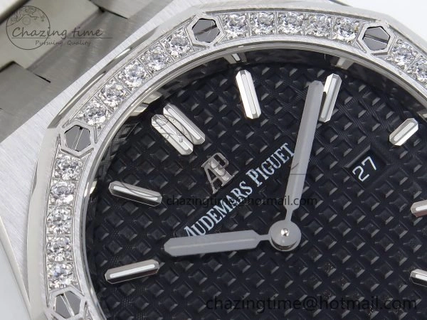 Lady Royal Oak 33mm 67651 Diamonds SS ZF 1:1 Best Edition Black Textured Dial on SS Bracelet RONDA Quartz Elegant 10095