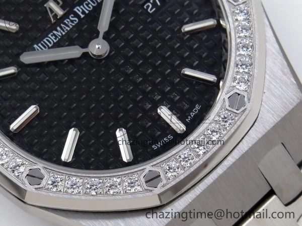 Lady Royal Oak 33mm 67651 Diamonds SS ZF 1:1 Best Edition Black Textured Dial on SS Bracelet RONDA Quartz Elegant 10095