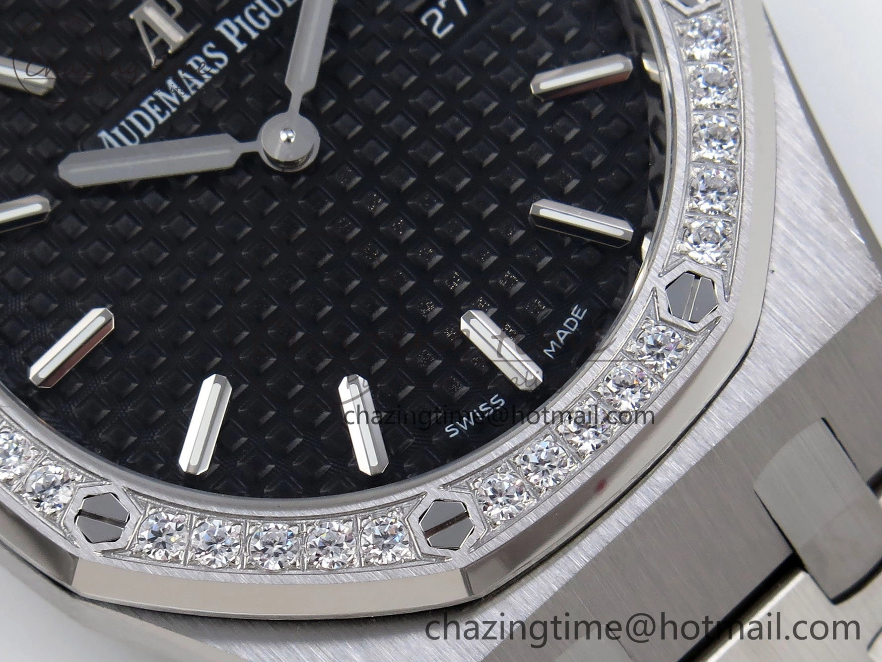 Lady Royal Oak 33mm 67651 Diamonds SS ZF 1:1 Best Edition Black Textured Dial on SS Bracelet RONDA Quartz Elegant 10095