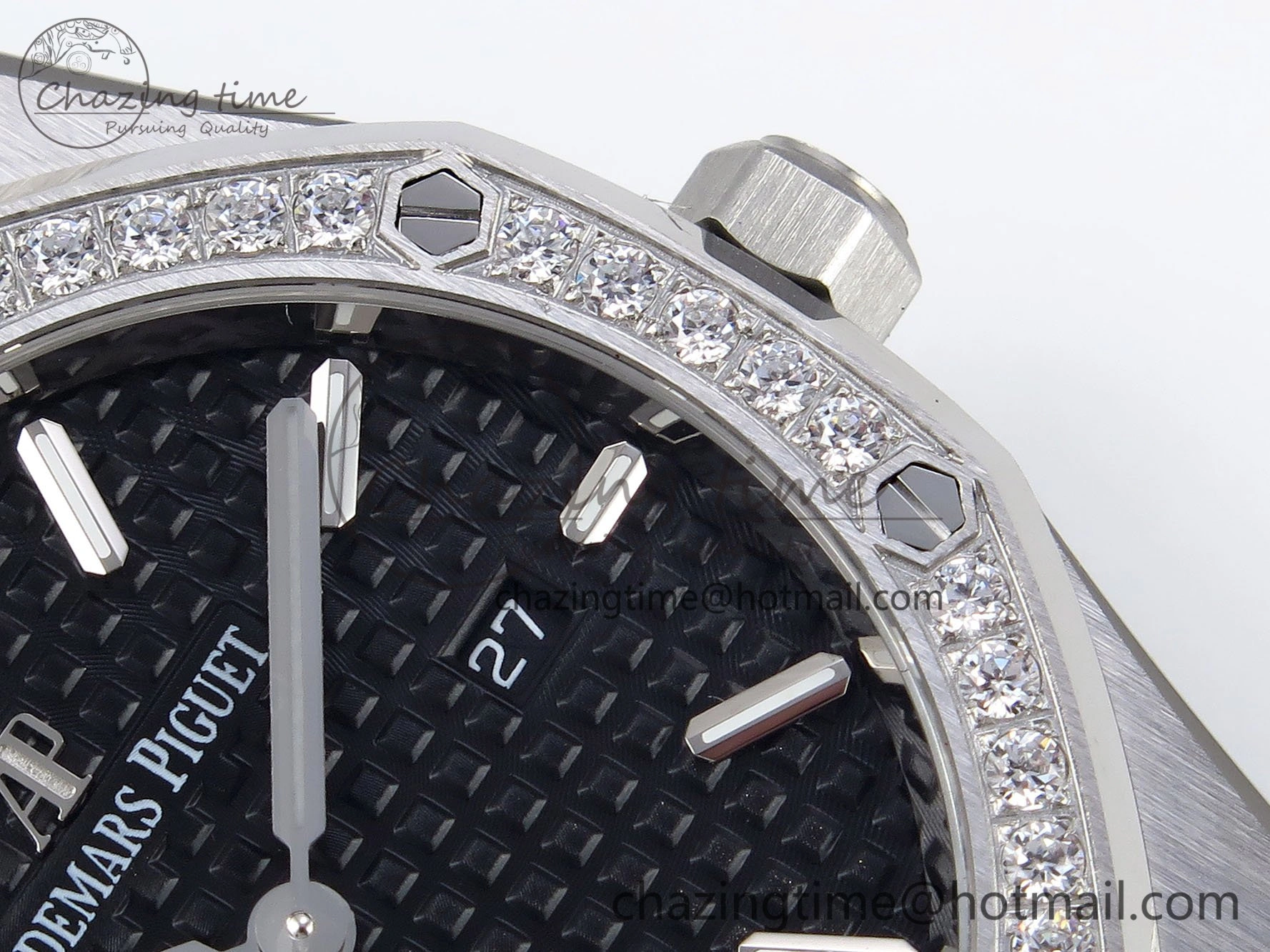 Lady Royal Oak 33mm 67651 Diamonds SS ZF 1:1 Best Edition Black Textured Dial on SS Bracelet RONDA Quartz Elegant 10095