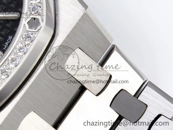 Lady Royal Oak 33mm 67651 Diamonds SS ZF 1:1 Best Edition Black Textured Dial on SS Bracelet RONDA Quartz Elegant 10095