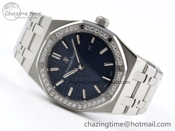 EasyMatch Lady Royal Oak 33mm 67651 Diamonds SS ZF 1:1 Best Edition Blue Textured Dial on SS Bracelet RONDA Quartz 10091