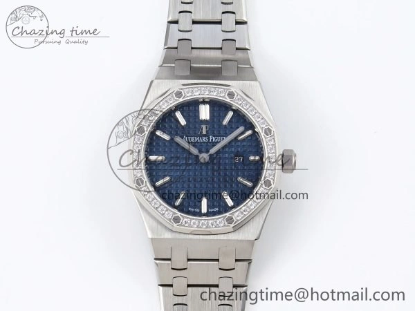 Lady Royal Oak 33mm 67651 Diamonds SS ZF 1:1 Best Edition Blue Textured Dial on SS Bracelet RONDA Quartz SportInspired 4481