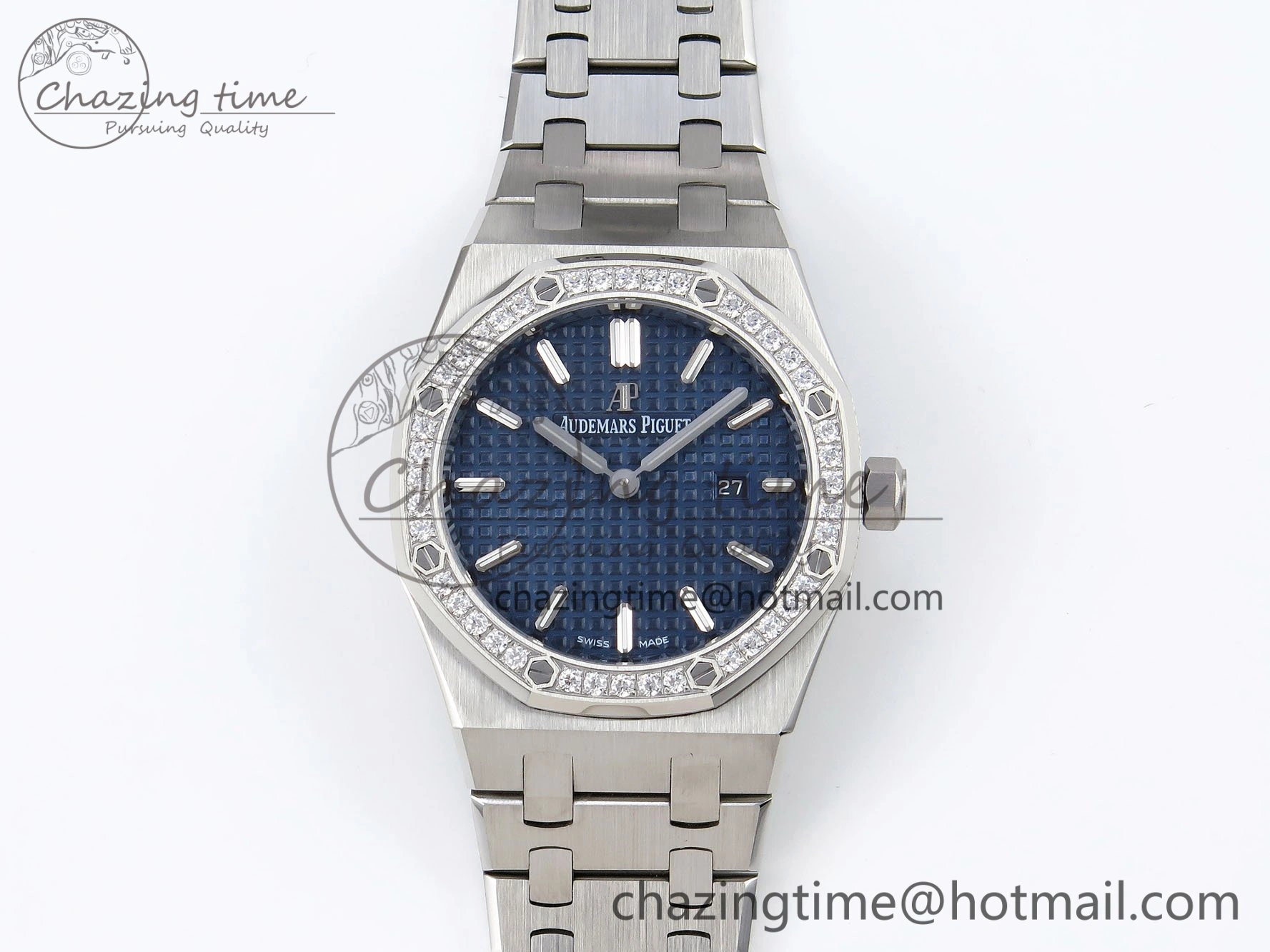 EasyMatch Lady Royal Oak 33mm 67651 Diamonds SS ZF 1:1 Best Edition Blue Textured Dial on SS Bracelet RONDA Quartz 10091