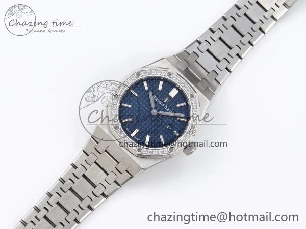 EasyMatch Lady Royal Oak 33mm 67651 Diamonds SS ZF 1:1 Best Edition Blue Textured Dial on SS Bracelet RONDA Quartz 10091