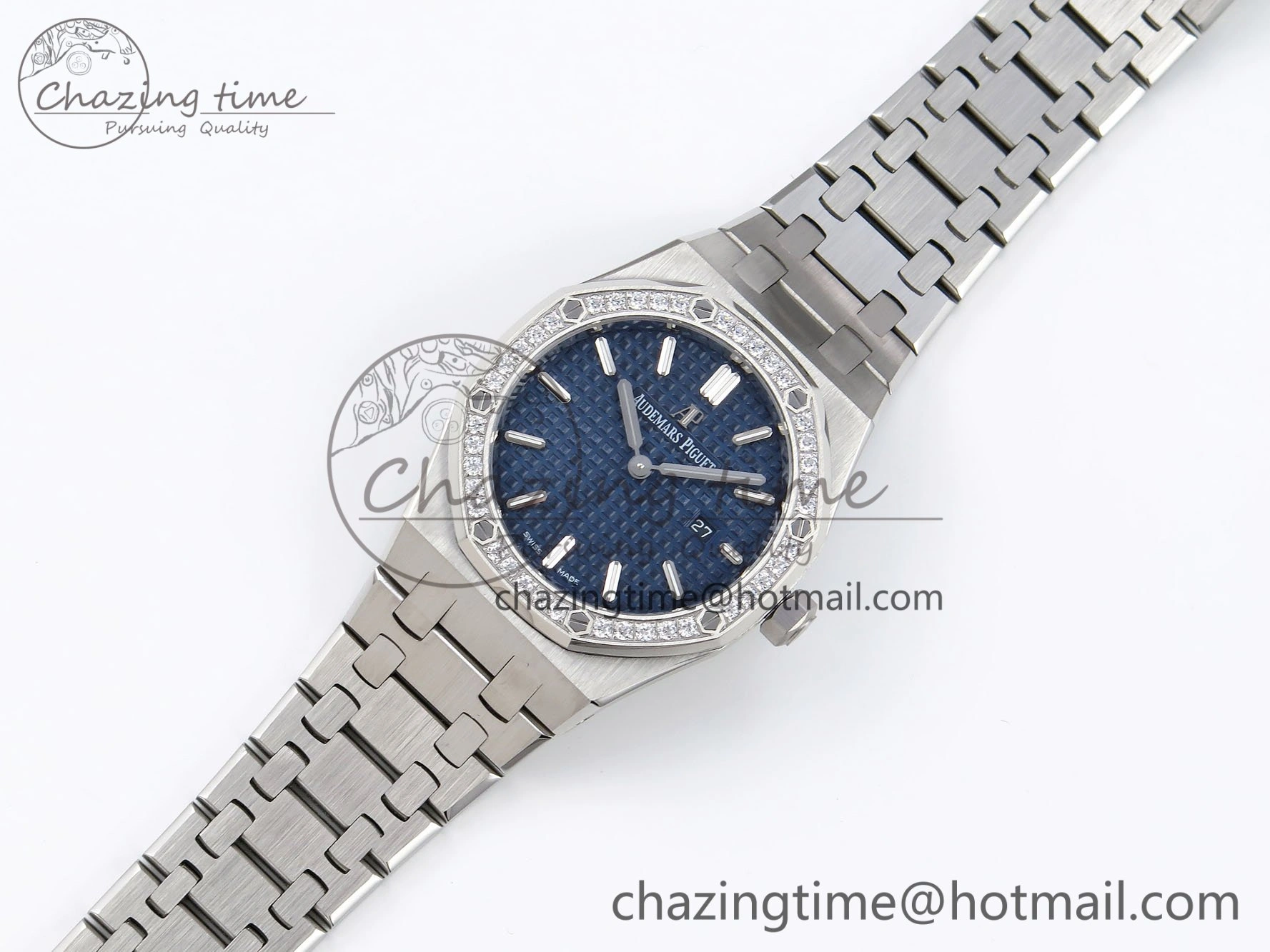 EasyMatch Lady Royal Oak 33mm 67651 Diamonds SS ZF 1:1 Best Edition Blue Textured Dial on SS Bracelet RONDA Quartz 10091