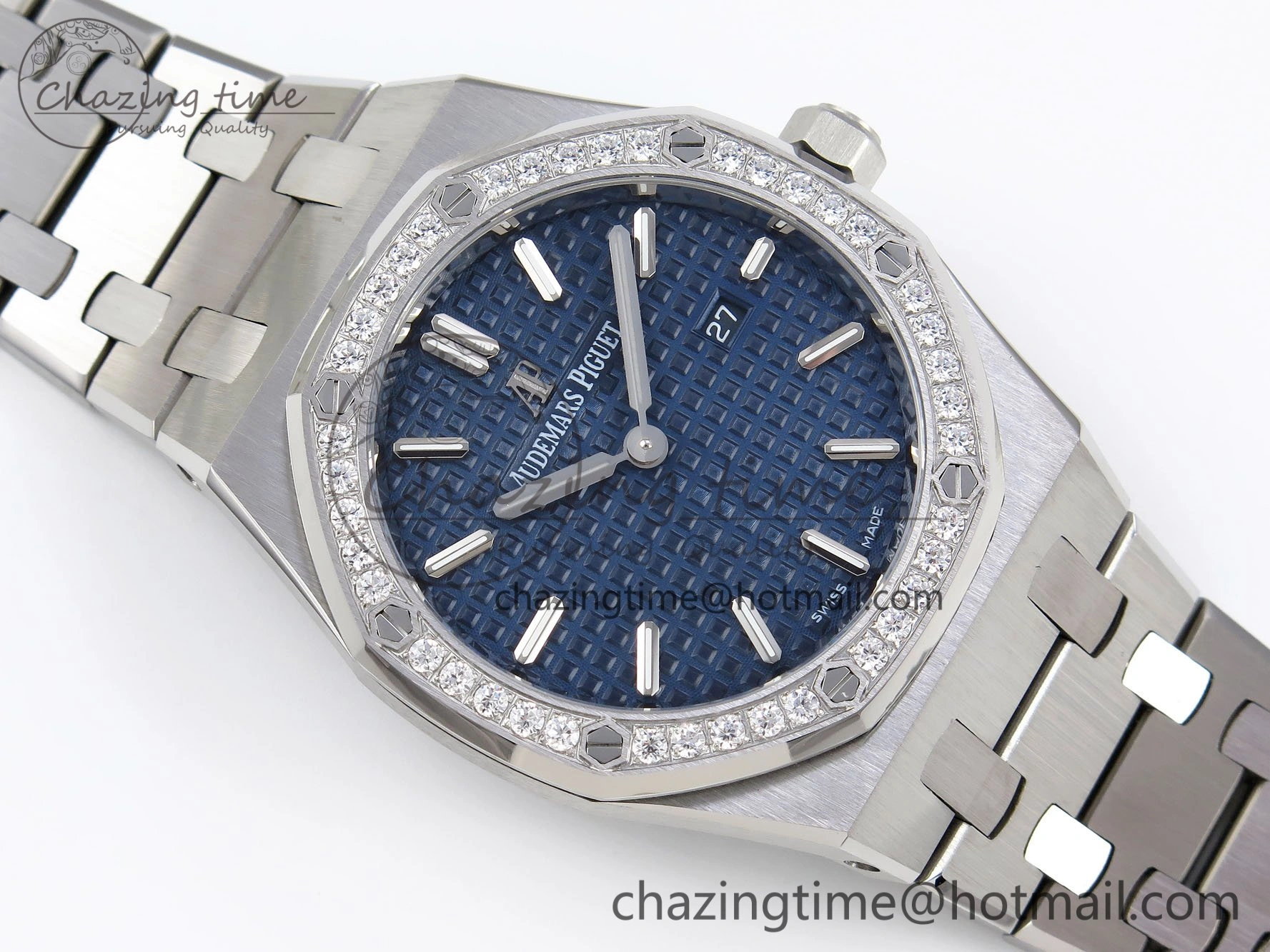 EasyMatch Lady Royal Oak 33mm 67651 Diamonds SS ZF 1:1 Best Edition Blue Textured Dial on SS Bracelet RONDA Quartz 10091