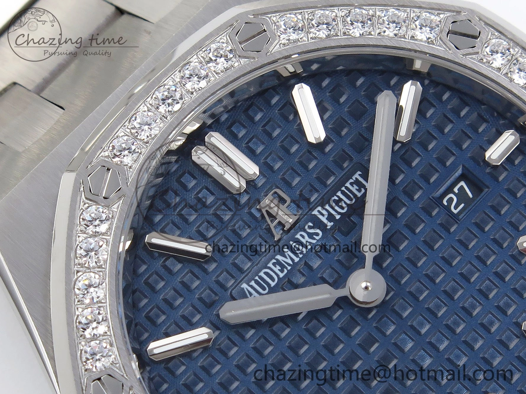 EasyMatch Lady Royal Oak 33mm 67651 Diamonds SS ZF 1:1 Best Edition Blue Textured Dial on SS Bracelet RONDA Quartz 10091