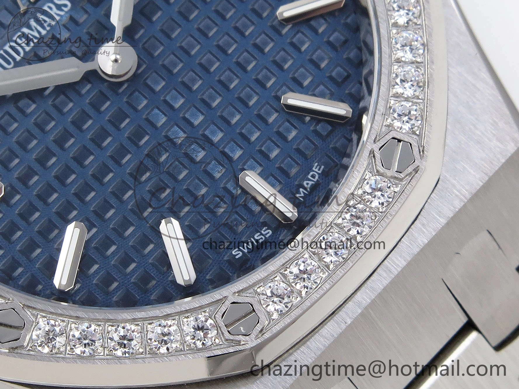 EasyMatch Lady Royal Oak 33mm 67651 Diamonds SS ZF 1:1 Best Edition Blue Textured Dial on SS Bracelet RONDA Quartz 10091