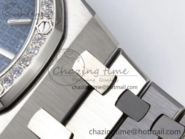 EasyMatch Lady Royal Oak 33mm 67651 Diamonds SS ZF 1:1 Best Edition Blue Textured Dial on SS Bracelet RONDA Quartz 10091