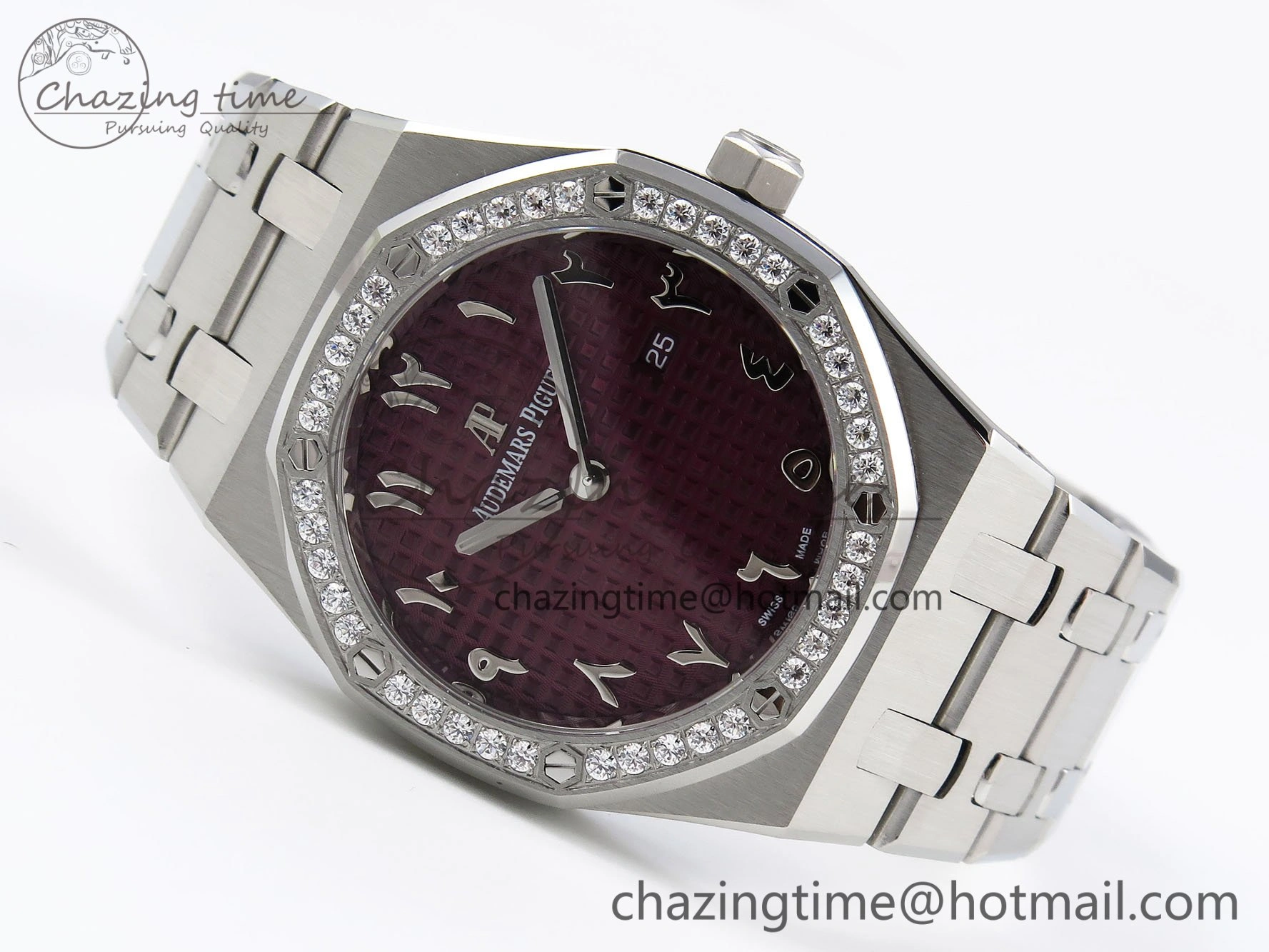 Lady Royal Oak 33mm 67651 Diamonds SS ZF 1:1 Best Edition Purple Red Textured Dial on SS Bracelet RONDA Quartz Colorful 10093
