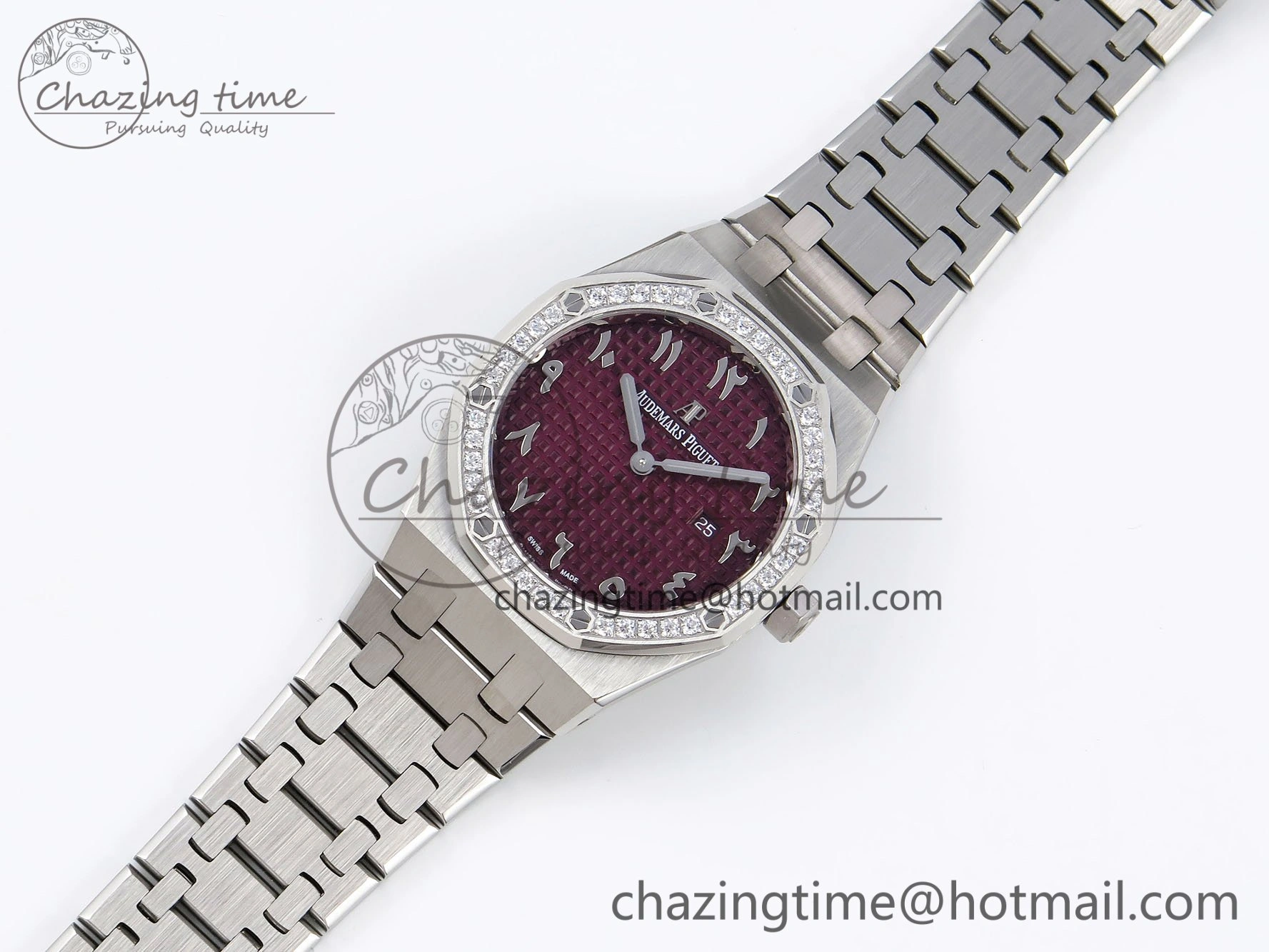 Lady Royal Oak 33mm 67651 Diamonds SS ZF 1:1 Best Edition Purple Red Textured Dial on SS Bracelet RONDA Quartz Colorful 10093