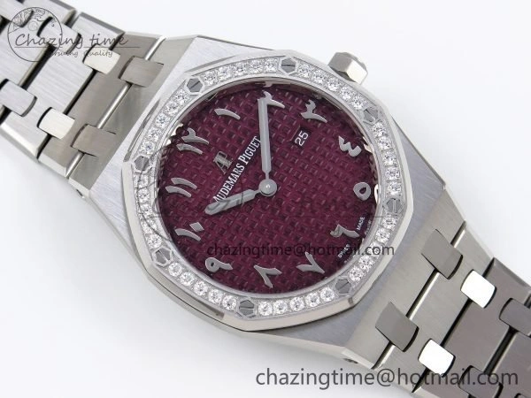 Lady Royal Oak 33mm 67651 Diamonds SS ZF 1:1 Best Edition Purple Red Textured Dial on SS Bracelet RONDA Quartz Colorful 10093