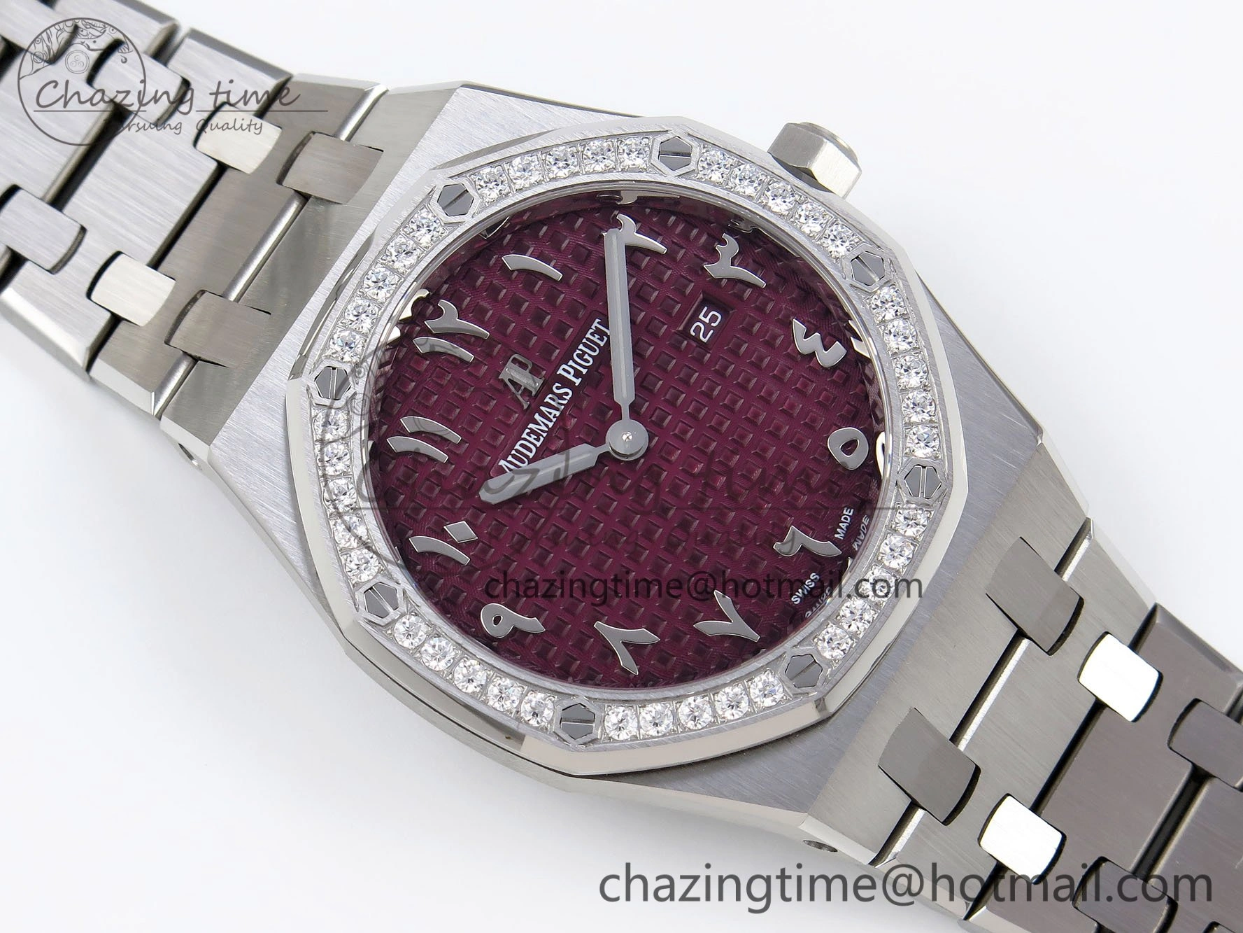 Lady Royal Oak 33mm 67651 Diamonds SS ZF 1:1 Best Edition Purple Red Textured Dial on SS Bracelet RONDA Quartz Colorful 10093