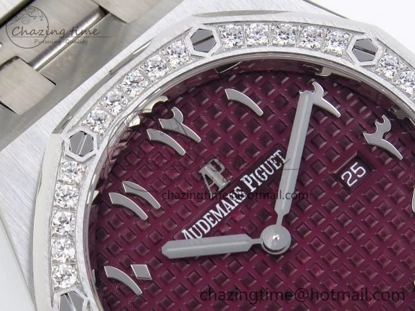 Lady Royal Oak 33mm 67651 Diamonds SS ZF 1:1 Best Edition Purple Red Textured Dial on SS Bracelet RONDA Quartz Colorful 10093