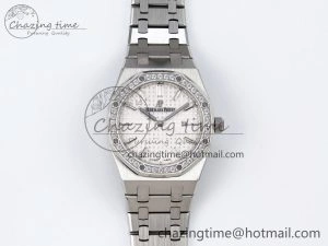Lady Royal Oak 33mm 67651 Diamonds SS ZF 1:1 Best Edition White Textured Dial on SS Bracelet RONDA Quartz Sporty 10089