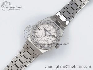 Lady Royal Oak 33mm 67651 Diamonds SS ZF 1:1 Best Edition White Textured Dial on SS Bracelet RONDA Quartz SmoothTexture 4480