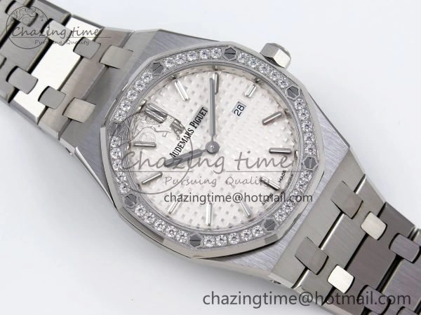 Lady Royal Oak 33mm 67651 Diamonds SS ZF 1:1 Best Edition White Textured Dial on SS Bracelet RONDA Quartz SmoothTexture 4480