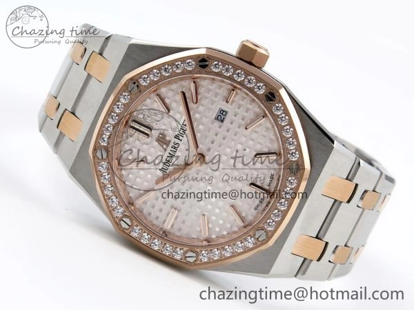 TopPick Lady Royal Oak 33mm 67651 Diamonds bezel SS RG ZF 1:1 Best Edition White Textured Dial on SS RG Bracelet RONDA Quartz 10096