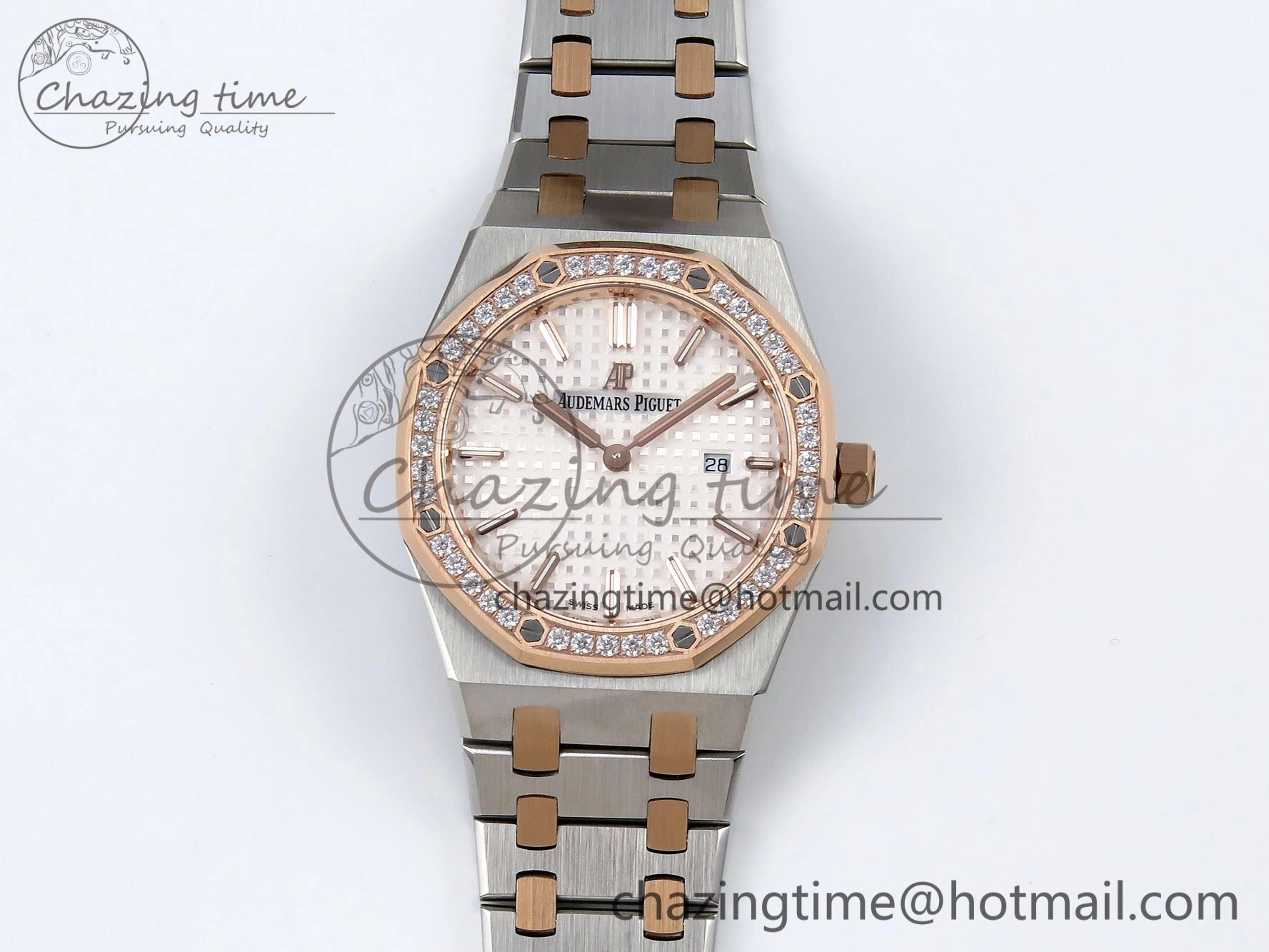 TopPick Lady Royal Oak 33mm 67651 Diamonds bezel SS RG ZF 1:1 Best Edition White Textured Dial on SS RG Bracelet RONDA Quartz 10096