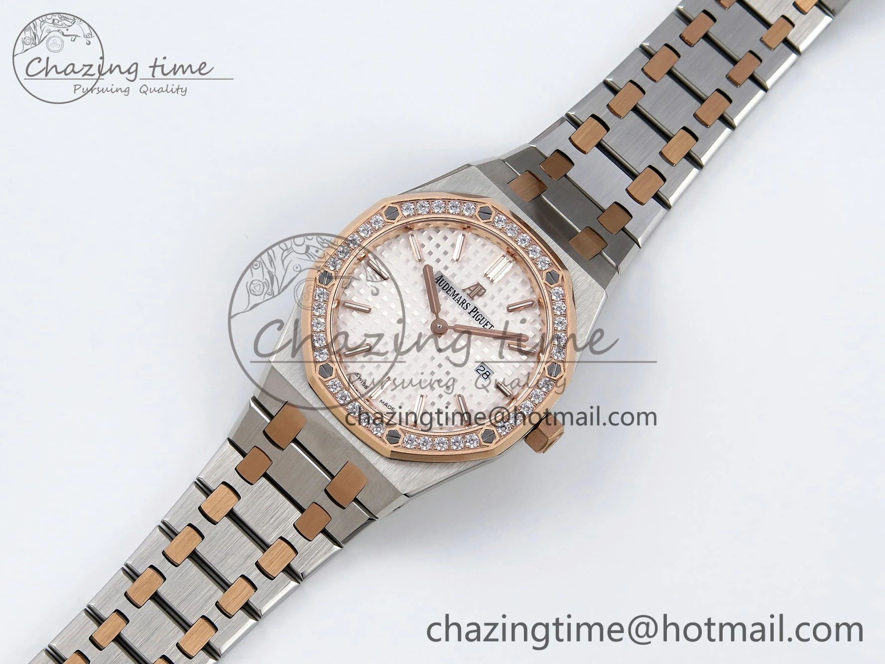 TopPick Lady Royal Oak 33mm 67651 Diamonds bezel SS RG ZF 1:1 Best Edition White Textured Dial on SS RG Bracelet RONDA Quartz 10096