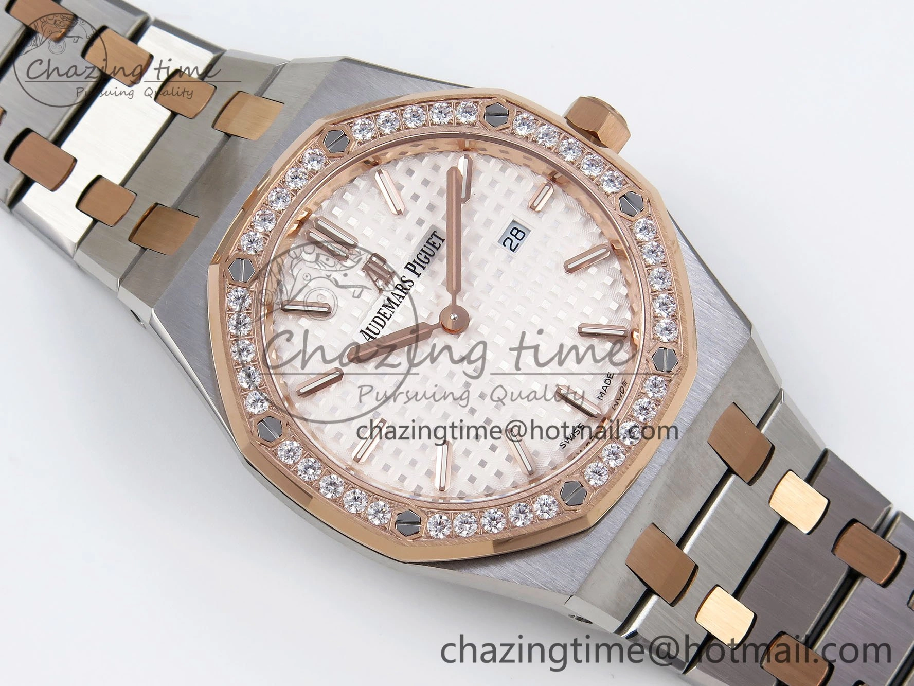 TopPick Lady Royal Oak 33mm 67651 Diamonds bezel SS RG ZF 1:1 Best Edition White Textured Dial on SS RG Bracelet RONDA Quartz 10096