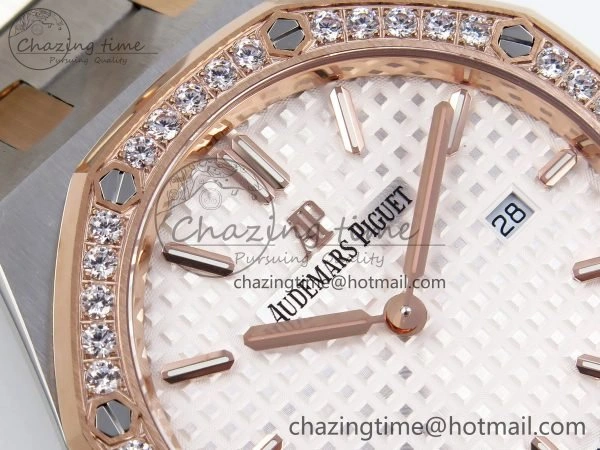 TopPick Lady Royal Oak 33mm 67651 Diamonds bezel SS RG ZF 1:1 Best Edition White Textured Dial on SS RG Bracelet RONDA Quartz 10096