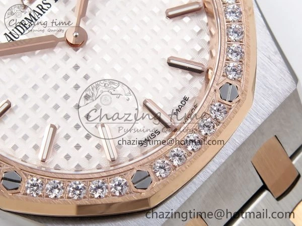 TopPick Lady Royal Oak 33mm 67651 Diamonds bezel SS RG ZF 1:1 Best Edition White Textured Dial on SS RG Bracelet RONDA Quartz 10096