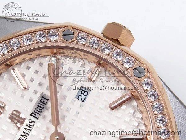 TopPick Lady Royal Oak 33mm 67651 Diamonds bezel SS RG ZF 1:1 Best Edition White Textured Dial on SS RG Bracelet RONDA Quartz 10096