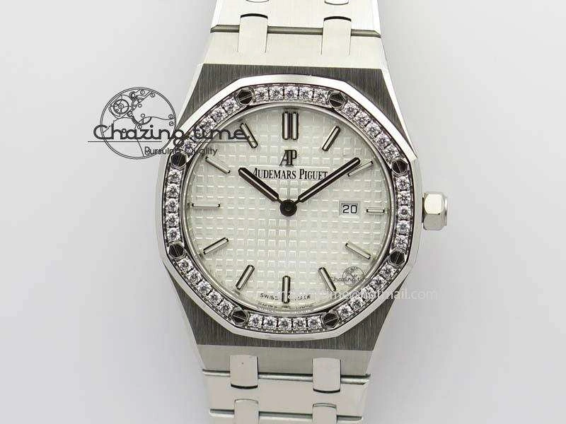 Lady Royal Oak 33mm 67651 SS JF 1:1 Best Edition White Dial Diamond Bezel On SS Bracelet Ronda Quartz Trendsetting 5054