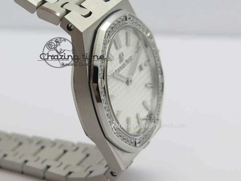 Lady Royal Oak 33mm 67651 SS JF 1:1 Best Edition White Dial Diamond Bezel On SS Bracelet Ronda Quartz Trendsetting 5054