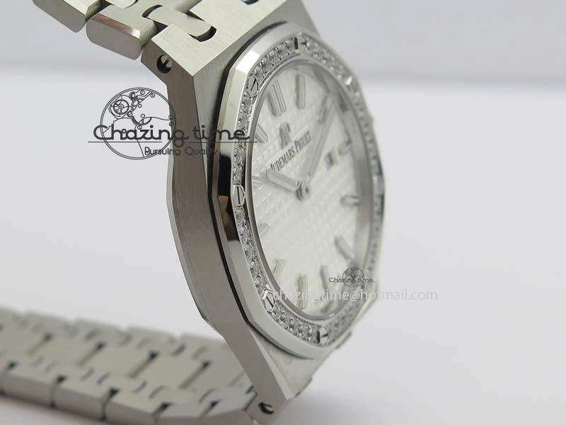 Lady Royal Oak 33mm 67651 SS JF 1:1 Best Edition White Dial Diamond Bezel On SS Bracelet Ronda Quartz Trendsetting 5054
