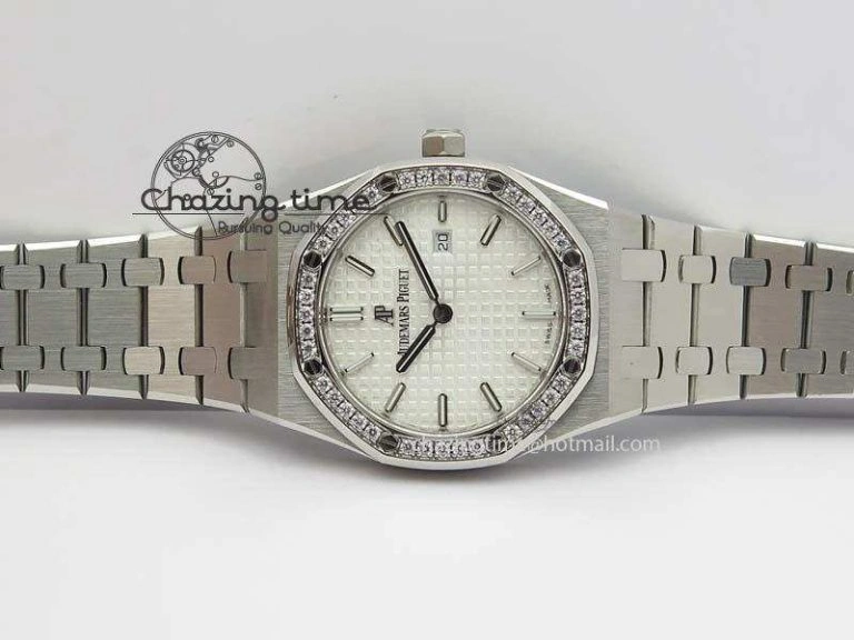 Lady Royal Oak 33mm 67651 SS JF 1:1 Best Edition White Dial Diamond Bezel On SS Bracelet Ronda Quartz Trendsetting 5054