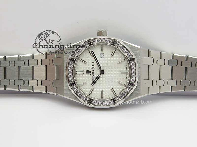 Lady Royal Oak 33mm 67651 SS JF 1:1 Best Edition White Dial Diamond Bezel On SS Bracelet Ronda Quartz Trendsetting 5054