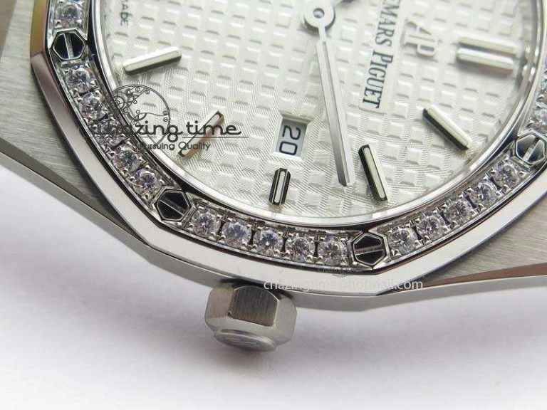 Lady Royal Oak 33mm 67651 SS JF 1:1 Best Edition White Dial Diamond Bezel On SS Bracelet Ronda Quartz Trendsetting 5054