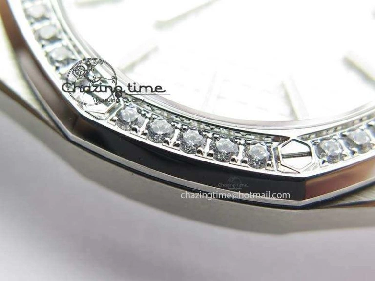 Lady Royal Oak 33mm 67651 SS JF 1:1 Best Edition White Dial Diamond Bezel On SS Bracelet Ronda Quartz Trendsetting 5054