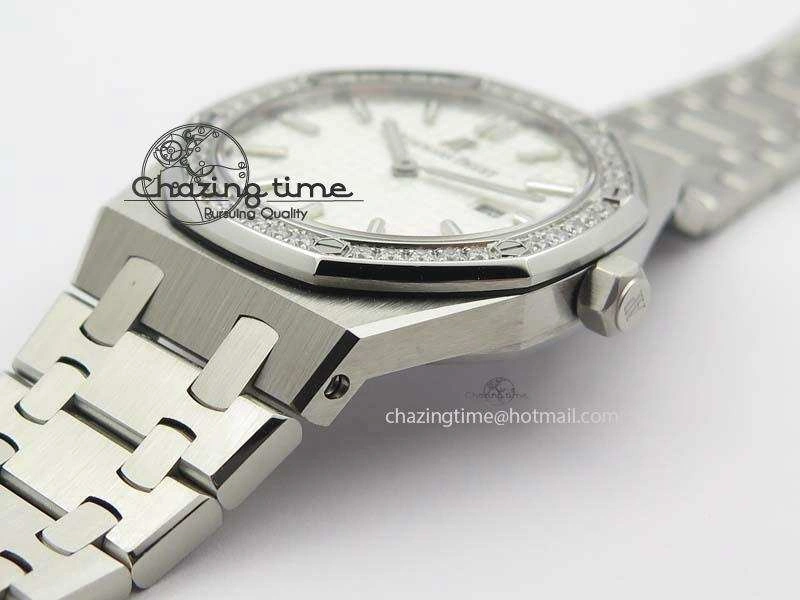 Lady Royal Oak 33mm 67651 SS JF 1:1 Best Edition White Dial Diamond Bezel On SS Bracelet Ronda Quartz Trendsetting 5054