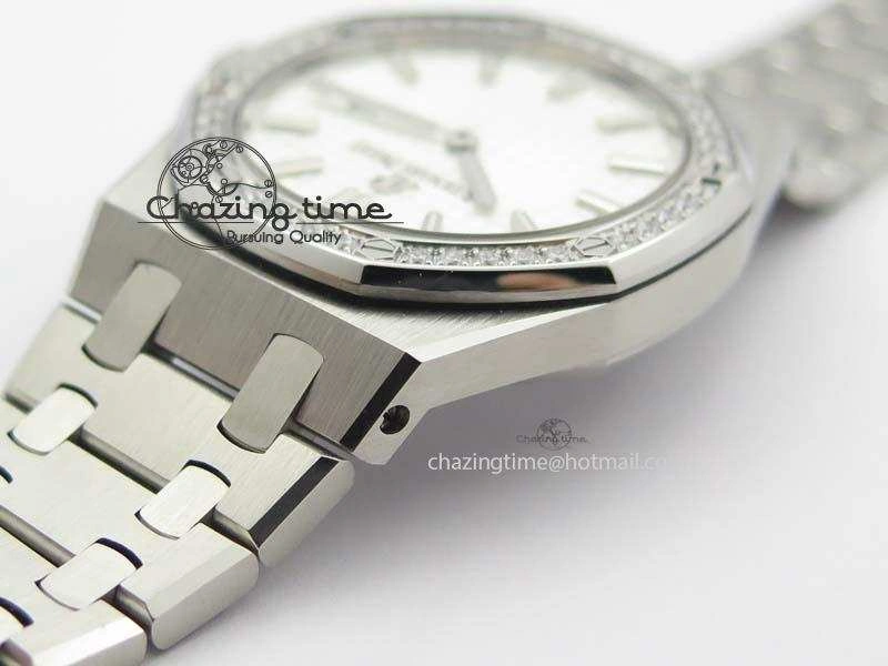 Lady Royal Oak 33mm 67651 SS JF 1:1 Best Edition White Dial Diamond Bezel On SS Bracelet Ronda Quartz Trendsetting 5054