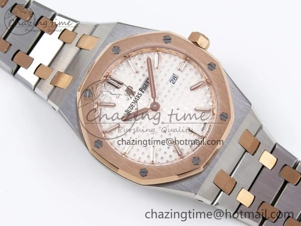 Lady Royal Oak 33mm 67651 SS RG ZF 1:1 Best Edition White Textured Dial on SS RG Bracelet RONDA Quartz Efficient 4489
