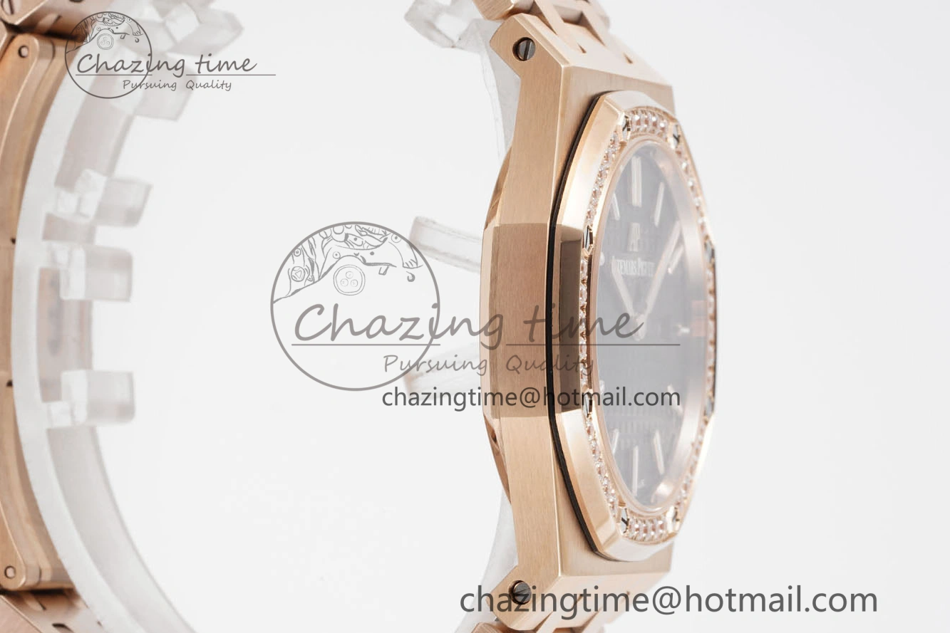 Sporty Lady Royal Oak 33mm RG Diamonds Bezel JJF 1:1 Best Edition Black Dial on RG Bracelet ETA Quartz 4635