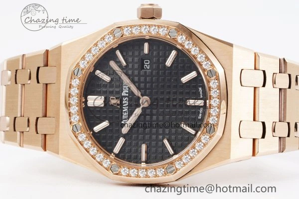 Sporty Lady Royal Oak 33mm RG Diamonds Bezel JJF 1:1 Best Edition Black Dial on RG Bracelet ETA Quartz 4635