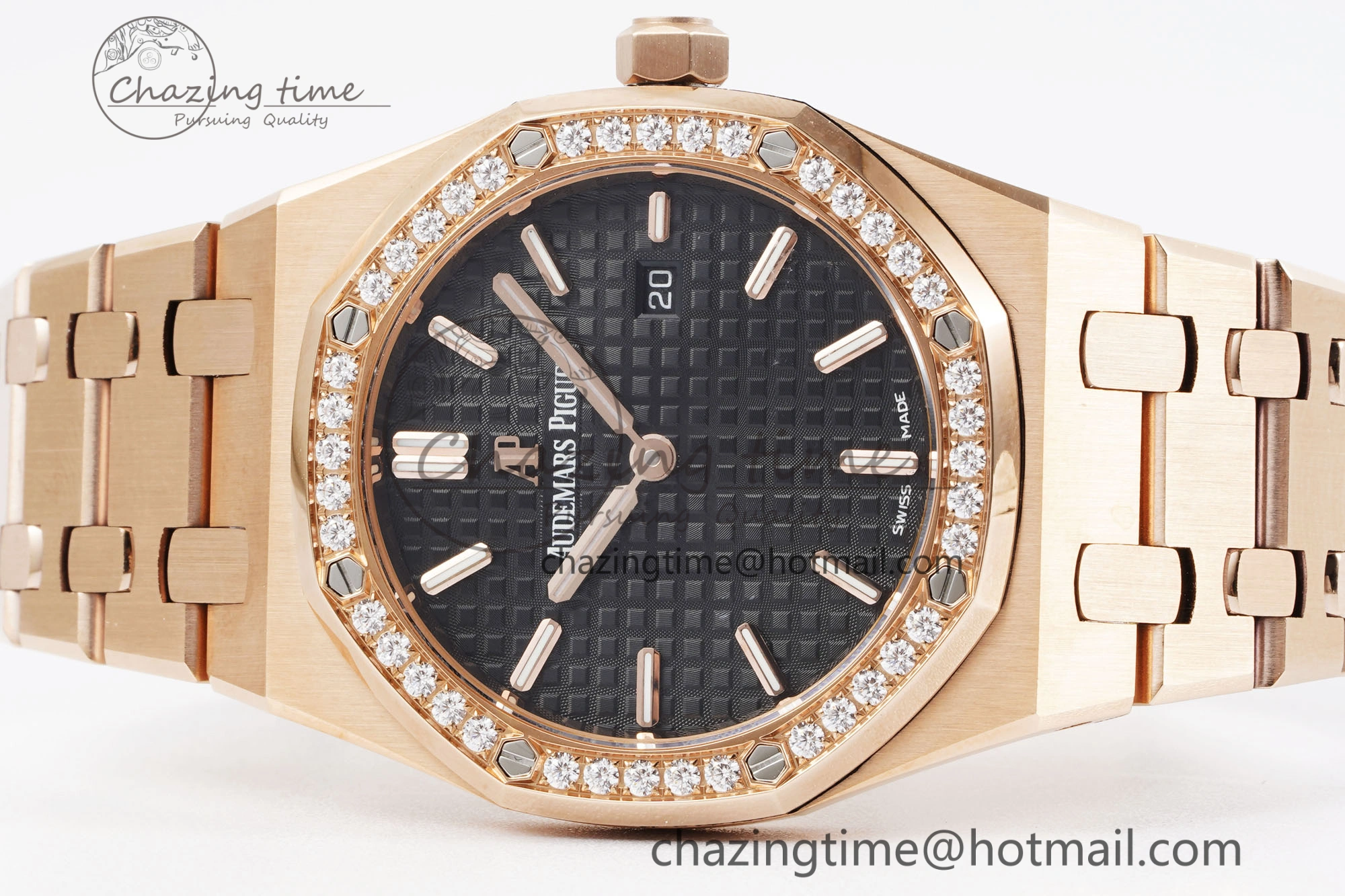 Sporty Lady Royal Oak 33mm RG Diamonds Bezel JJF 1:1 Best Edition Black Dial on RG Bracelet ETA Quartz 4635
