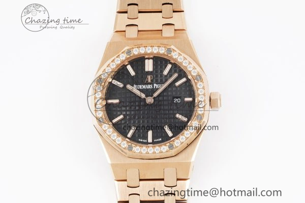 GoodFit Lady Royal Oak 33mm RG Diamonds Bezel JJF 1:1 Best Edition Black Dial on RG Bracelet ETA Quartz 10140