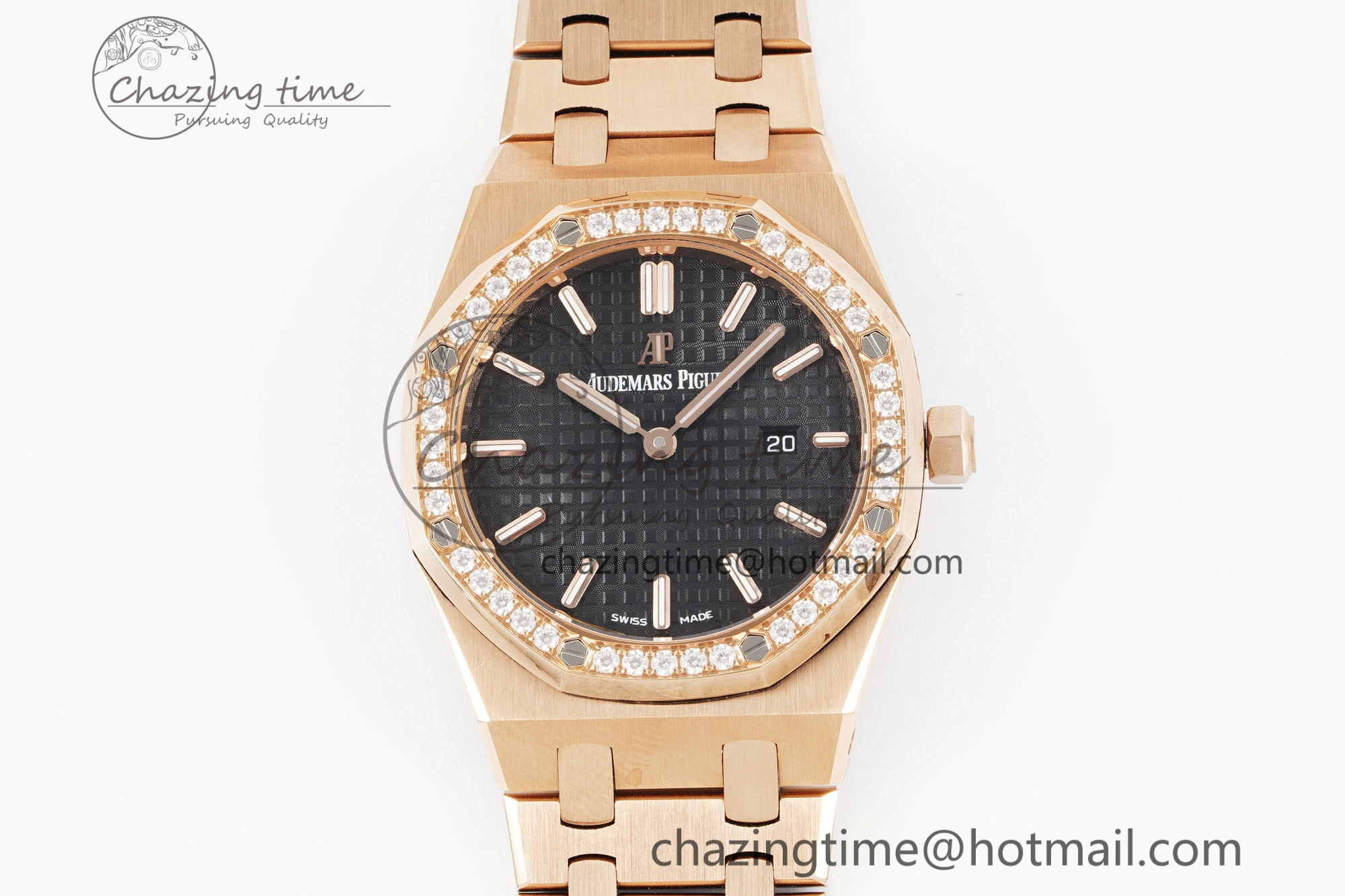 Sporty Lady Royal Oak 33mm RG Diamonds Bezel JJF 1:1 Best Edition Black Dial on RG Bracelet ETA Quartz 4635