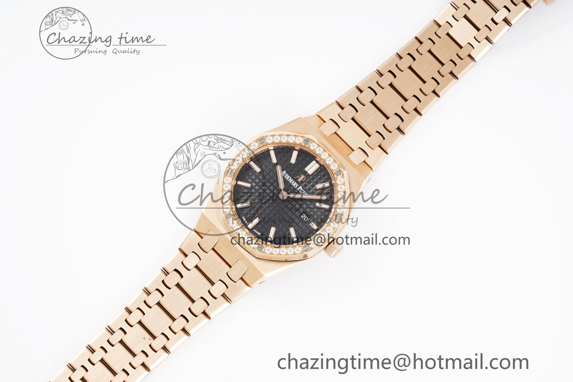 Sporty Lady Royal Oak 33mm RG Diamonds Bezel JJF 1:1 Best Edition Black Dial on RG Bracelet ETA Quartz 4635