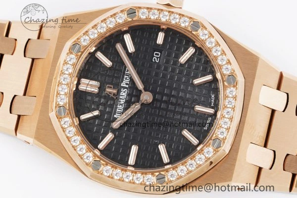 Sporty Lady Royal Oak 33mm RG Diamonds Bezel JJF 1:1 Best Edition Black Dial on RG Bracelet ETA Quartz 4635