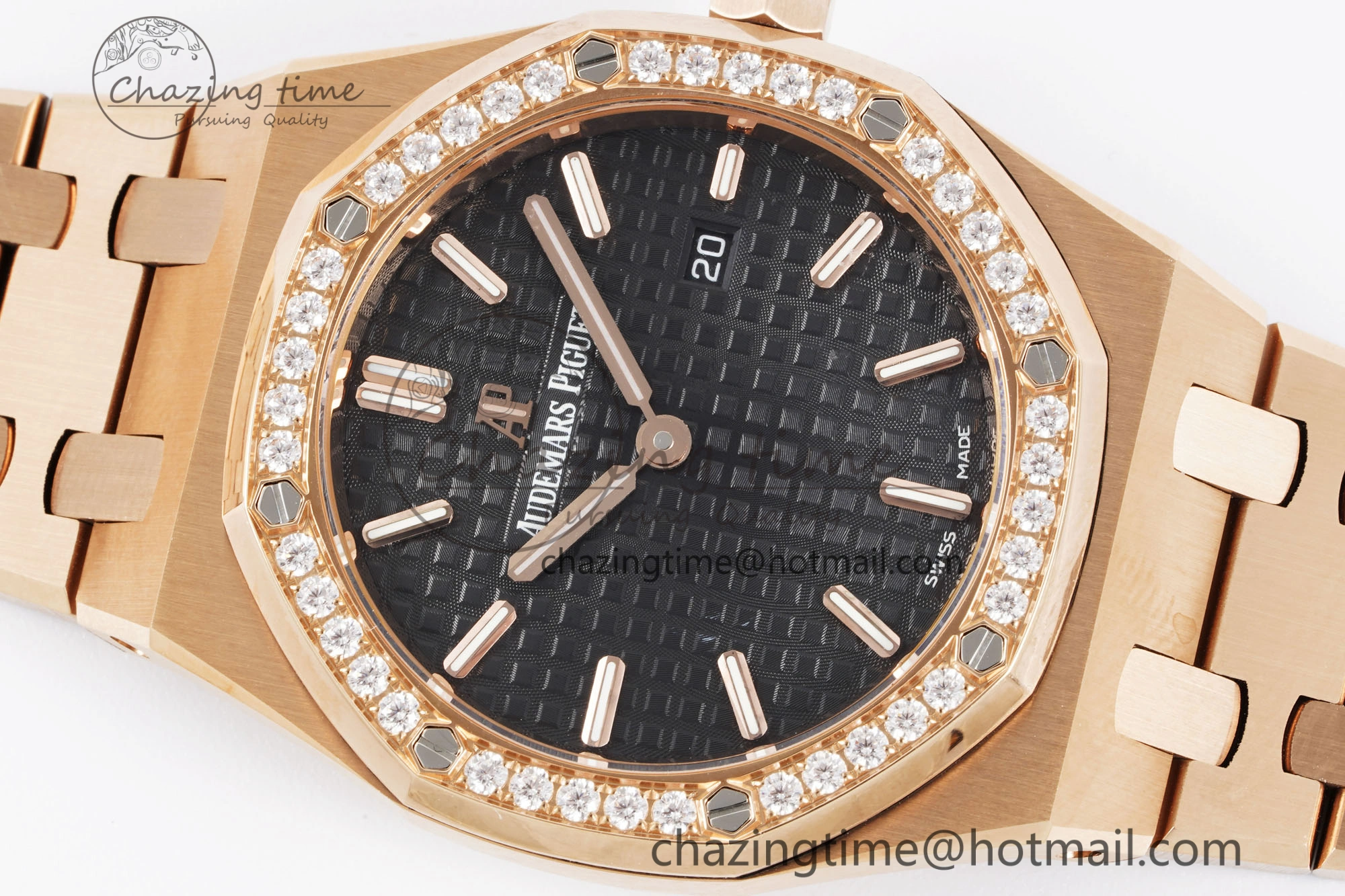 Sporty Lady Royal Oak 33mm RG Diamonds Bezel JJF 1:1 Best Edition Black Dial on RG Bracelet ETA Quartz 4635