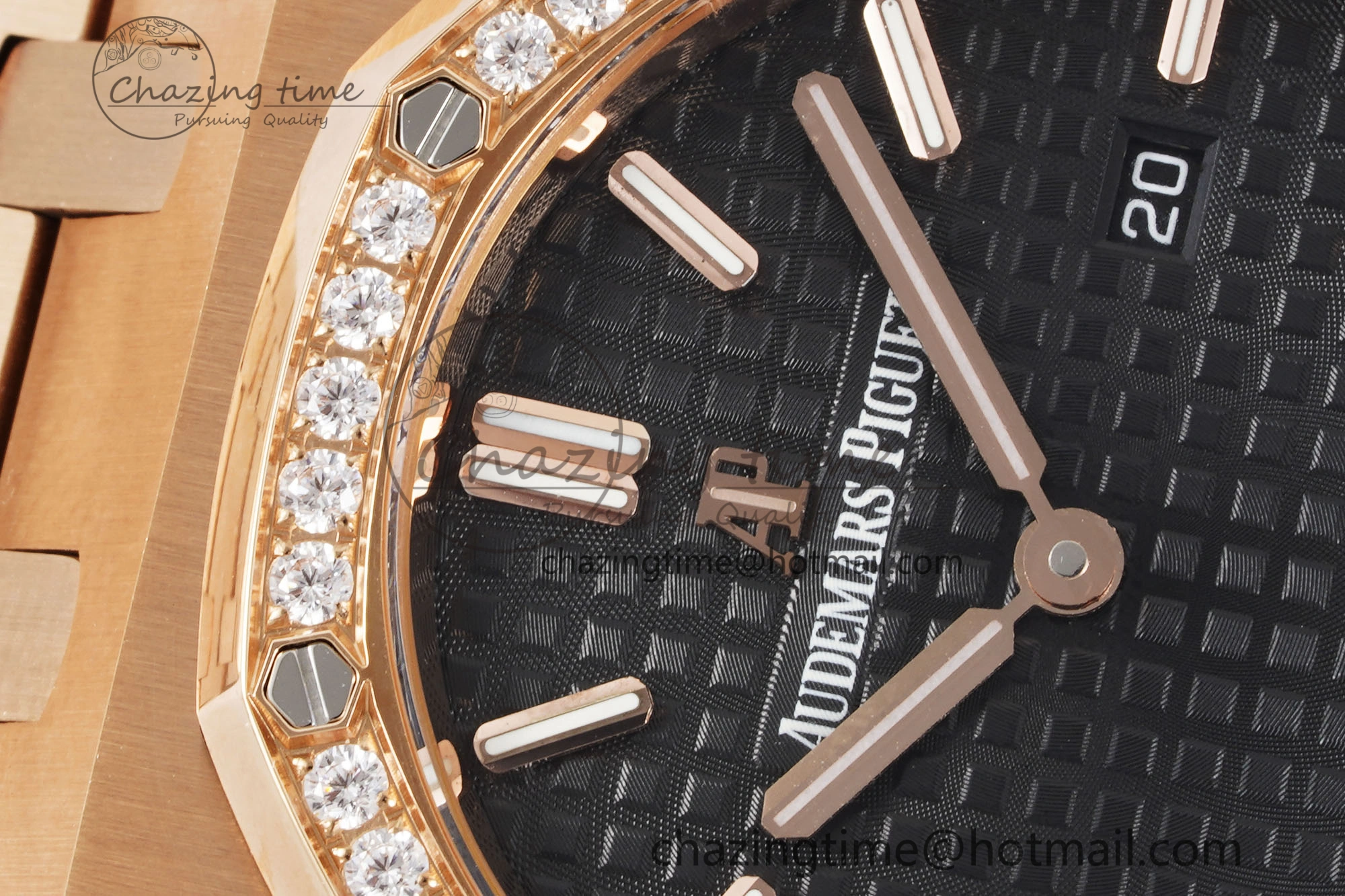 Sporty Lady Royal Oak 33mm RG Diamonds Bezel JJF 1:1 Best Edition Black Dial on RG Bracelet ETA Quartz 4635