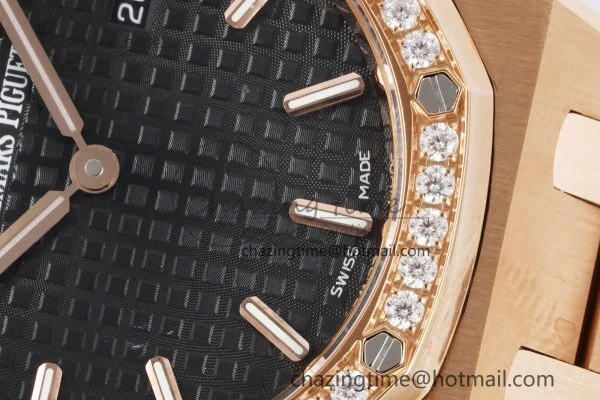Sporty Lady Royal Oak 33mm RG Diamonds Bezel JJF 1:1 Best Edition Black Dial on RG Bracelet ETA Quartz 4635