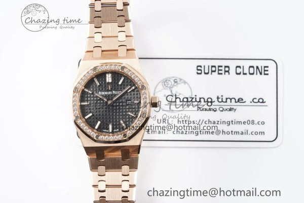 Sporty Lady Royal Oak 33mm RG Diamonds Bezel JJF 1:1 Best Edition Black Dial on RG Bracelet ETA Quartz 4635
